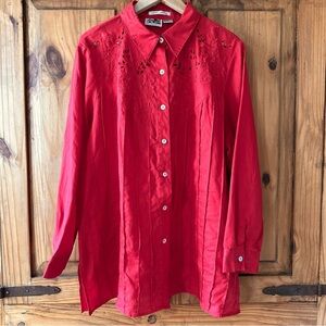 Edward Woman 100% Irish Linen Red Button-Up Blouse Embroidered Eyelet Pleats 2X
